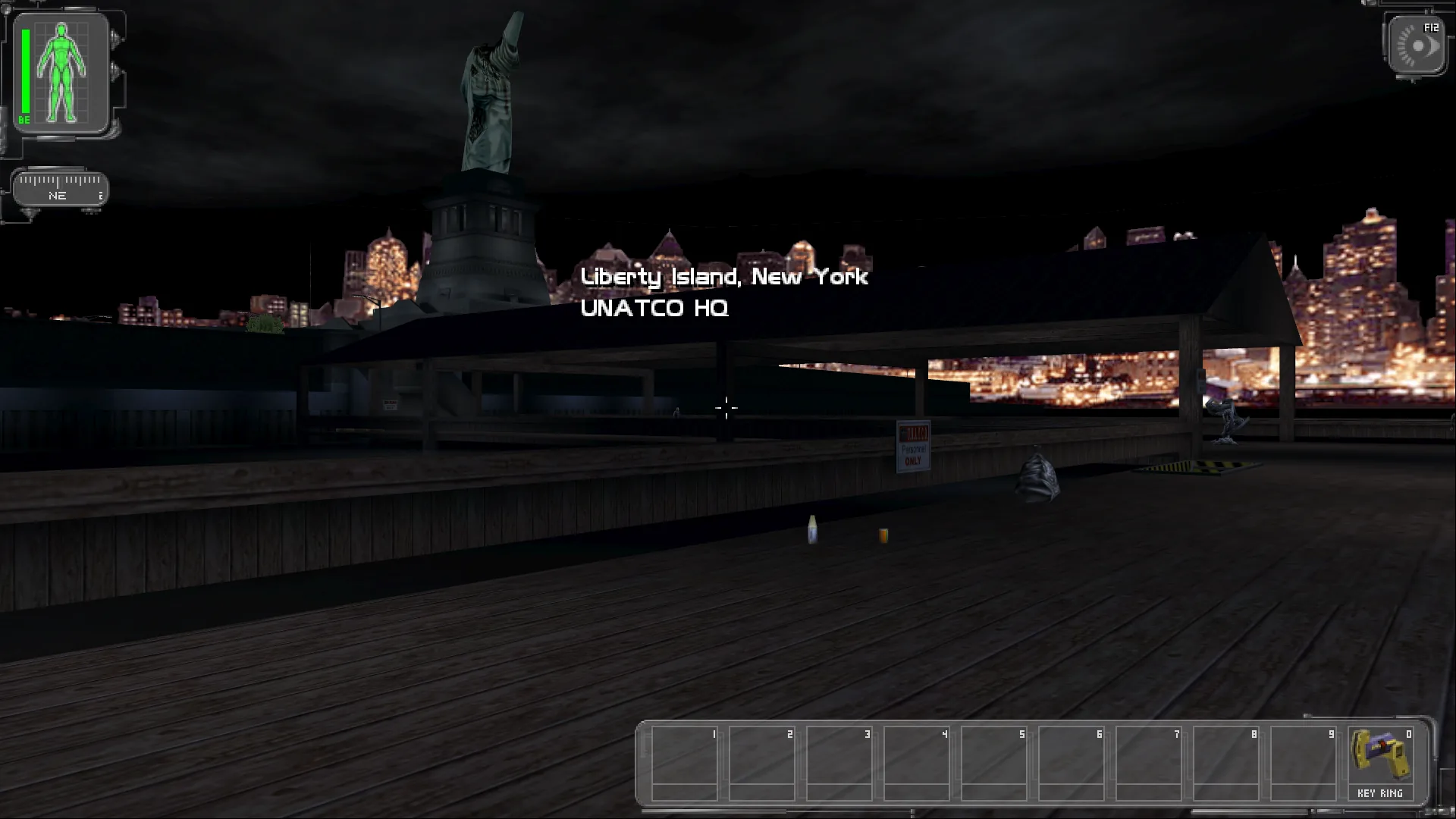 Liberty Island at night from the dock, with the statue and the Manhattan skyline