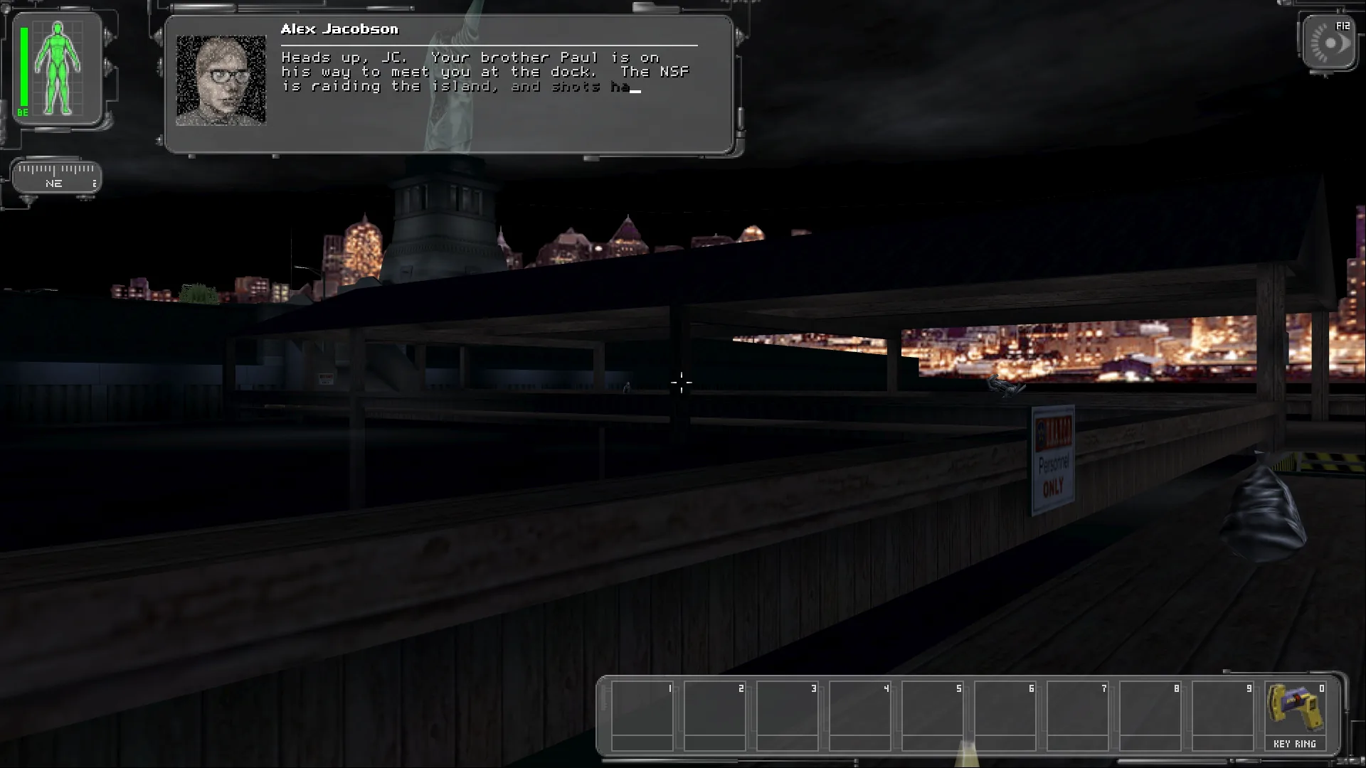 Alex Jacobson's infolink typing in on the Liberty Island dock