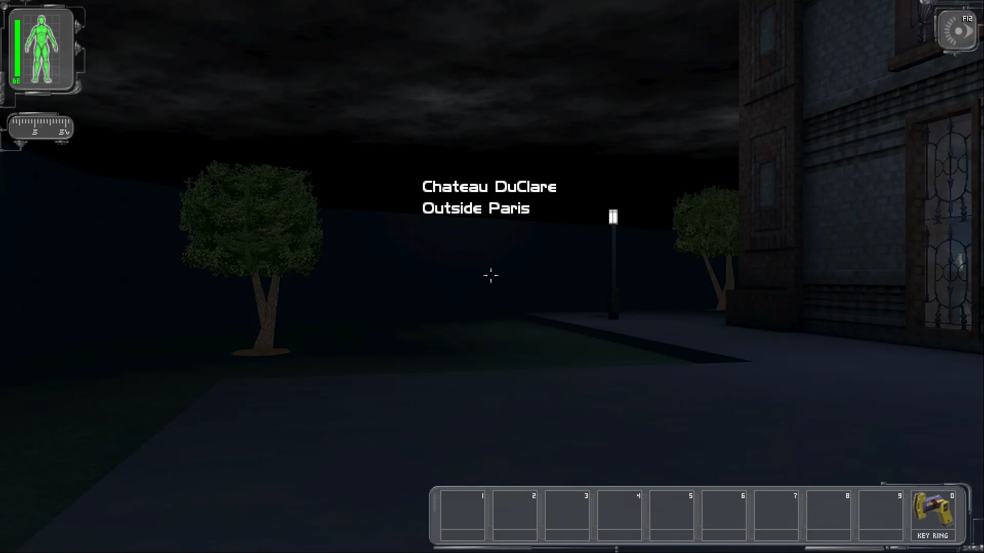 The Chateau DuClare garden outside Paris at night
