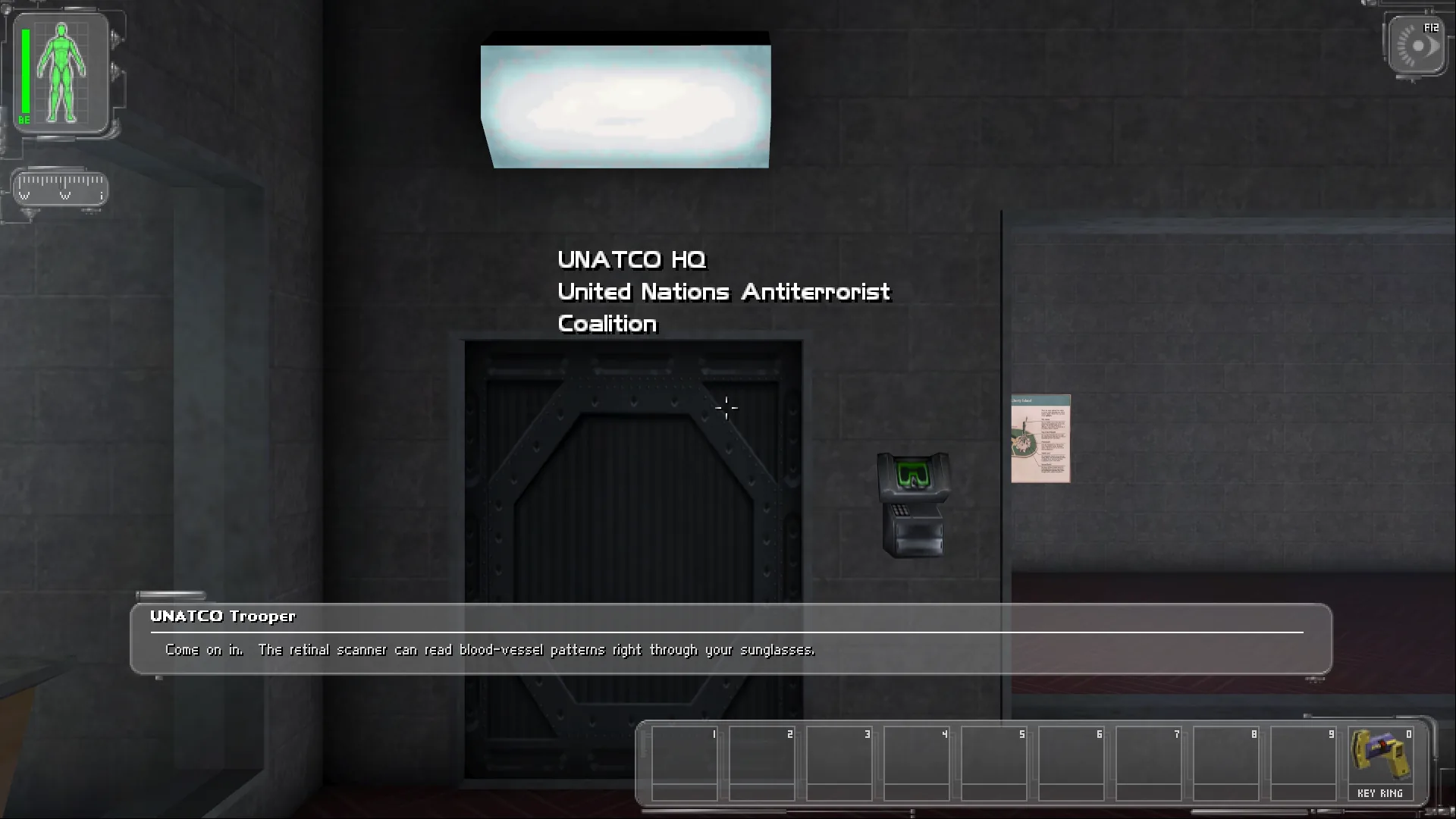 A UNATCO trooper speaking at the door of UNATCO headquarters