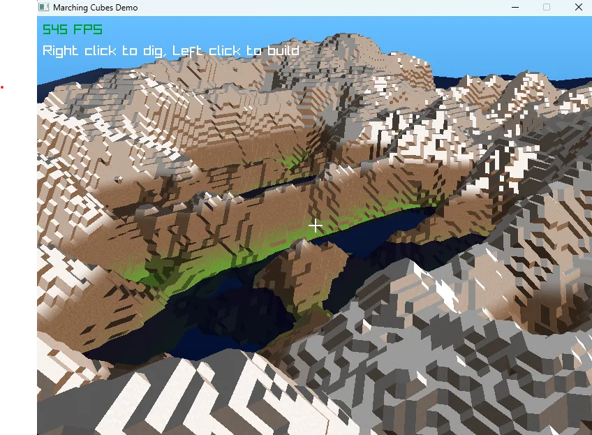 Raym running with a generated terrain surface, water, and the sculpting reticle